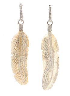 A Pair of 18 Karat White Gold and Bone Feather 'Twig' Earrings, K. Brunini, 3.10 dwts.
