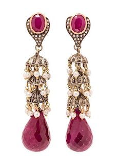 A Pair of Gilt Silver, Diamond, Ruby and Seed Pearl Dangle Earrings, 29.70 dwts.