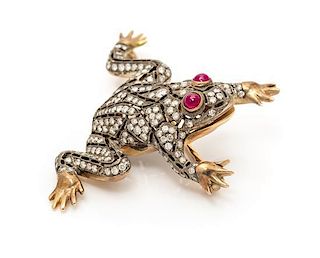A Gilt Silver, Diamond and Ruby Frog Motif Brooch, 17.60 dwts.