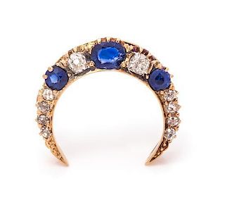 A Victorian Yellow Gold, Sapphire, Synthetic Sapphire and Diamond Crescent Brooch, 2.20 dwts.