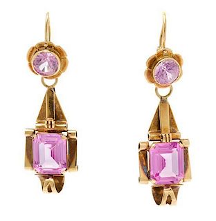 A Pair of Antique Yellow Gold and Synthetic Pink Sapphire Pendant Earrings, 6.80 dwts.
