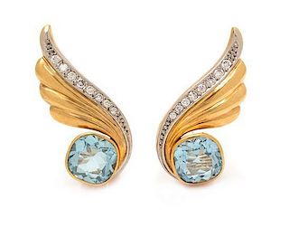 A Pair of Platinum Topped 18 Karat Gold, Diamond and Aquamarine Earclips, 14.30 dwts.