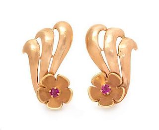 A Pair of Retro 14 Karat Rose Gold and Ruby Flower Motif Earclips, 6.00 dwts.