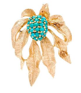 A 14 Karat Yellow Gold and Turquoise Flower Brooch, 11.90 dwts.