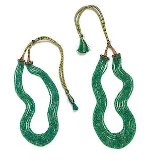 A Collection of Emerald Multistrand Bead Necklaces, 41.10 dwts.