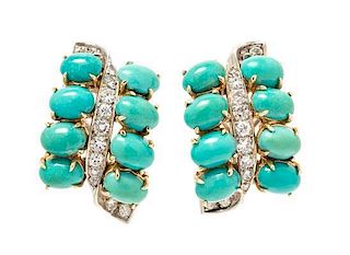 A Pair of Bicolor Gold, Turquoise and Diamond Earclips, 8.90 dwts.