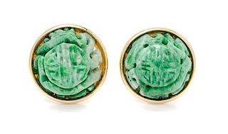 * A Pair of 18 Karat Yellow Gold and Carved Jade Earclips, 15.90 dwts.
