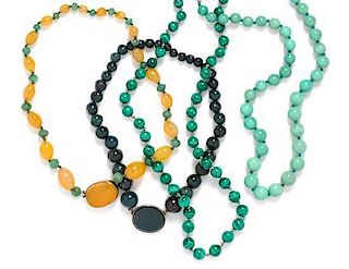 * A Collection of Green and Yellow Hardstone Bead Necklaces,