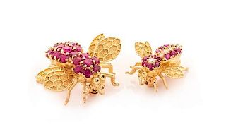 A Collection of 14 Karat Yellow Gold, Ruby and Diamond Bee Brooches, 6.40 dwts.