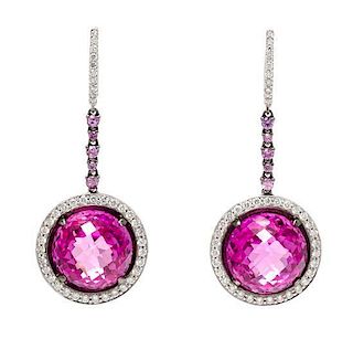 A Pair of 18 Karat White Gold, Pink Sapphire and Diamond Dangle Earrings, 10.20 dwts.