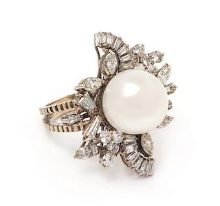 An 18 Karat White Gold, Cultured South Sea Pearl and Diamond Ring, 8.00 dwts.