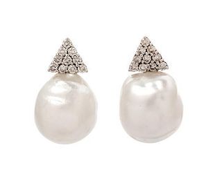 A Pair of White Gold, Diamond and Cultured Baroque Pearl Earrings, 6.80 dwts.