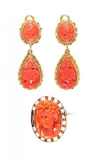 A Collection of Gold and Coral Cameo Jewelry, 11.90 dwts.