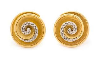* A Pair of 18 Karat Bicolor Gold and Diamond Earclips, Italian, 13.20 dwts.