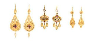 * A Collection of 14 Karat Yellow Gold and Multigem Pendant Earrings, 9.60 dwts.