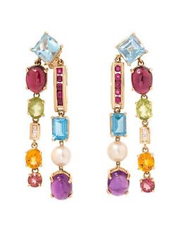 A Pair of Yellow Gold and Multigem Earclips, 10.80 dwts.