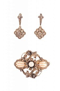 * A Collection of Silver Topped Rose Gold, Diamond and Cultured Pearl Jewelry, Portugese, 10.40 dwts.