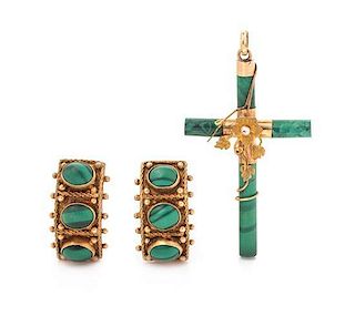 * A Collection of Yellow Gold and Malachite Jewelry, 8.30 dwts.