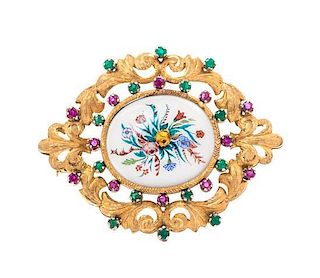 * A 14 Karat Yellow Gold, Emerald, Ruby and Painted Porcelain Brooch, 8.90 dwts.