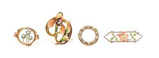 * A Collection of Yellow Gold, Polychrome Enamel, Seed Pearl and Diamond Brooches, 6.80 dwts.