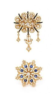 A Collection of 14 Karat Yellow Gold, Diamond, Sapphire and Enamel Pendant/Brooches, K. Goldschmidt Jewelers, 4.80 dwts.