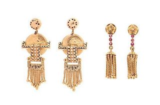 * A Collection of Yellow Gold, Ruby and Seed Pearl Fringe Earrings, 13.00 dwts.