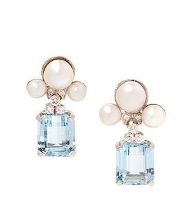 * A Pair of Bicolor Gold, Platinum, Aquamarine, Cultured Pearl, and Diamond Earclips, 9.20 dwts.