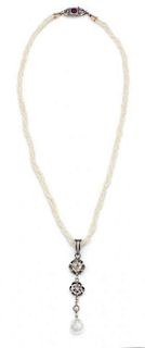 A Yellow Gold, Silver, Pearl, Diamond and Garnet Pendant Necklace,