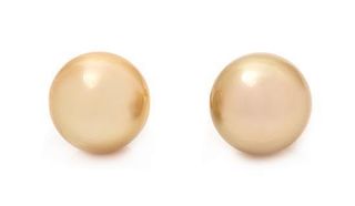 A Pair of 14 Karat Yellow Gold and Cultured Golden South Sea Earclips, 8.80 dwts.