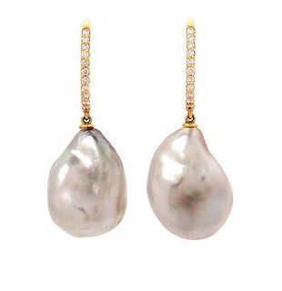 A Pair of 18 Karat Yellow Gold, Cultured Baroque Pearl and Diamond Earrings, 5.40 dwts.