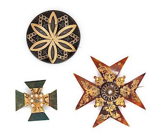 * A Collection of Victorian Yellow Gold, Tortoiseshell and Bloodstone Brooches, 13.20 dwts.