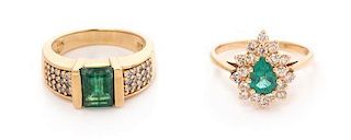 A Collection of 14 Karat Yellow Gold, Emerald and Diamond Rings, 7.60 dwts.