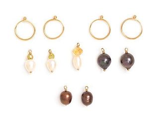A Collection of 14 Karat Yellow Gold, Cultured Pearl and Gemstone Interchangeable Hoop Earring Sets, Gabrielle Sanchez, 3.40 
