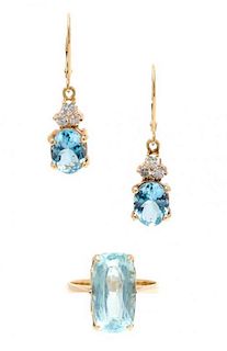 A Collection of 14 Karat Yellow Gold and Aquamarine Jewelry, 5.70 dwts.