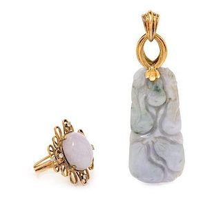 A Collection of 14 Karat Yellow Gold, Lavender Jade and Diamond Jewelry, 19.30 dwts.
