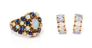 A Collection of Yellow Gold, Opal and Sapphire Jewelry, 6.10 dwts.
