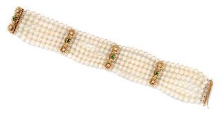 * A Yellow Gold, Diamond, Emerald and Cultured Pearl Multistrand Bracelet, 21.10 dwts.