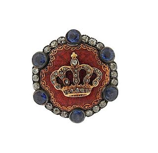 Antique 14k Gold Diamond Crown Enamel Ring
