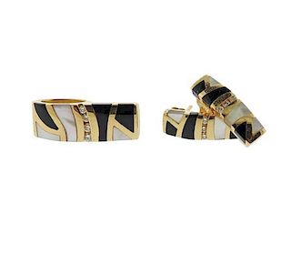 14K Gold Diamond Inlay Onyx MOP Earrings Pendant Set