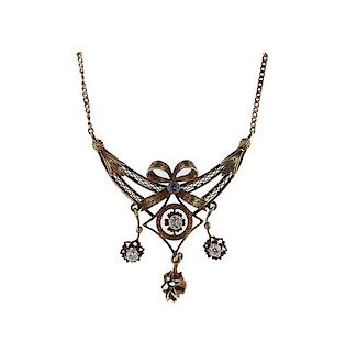 Antique 14k Gold Diamond Lavalier Necklace