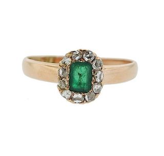 Antique 18k Gold Emerald OMC Diamond Ring