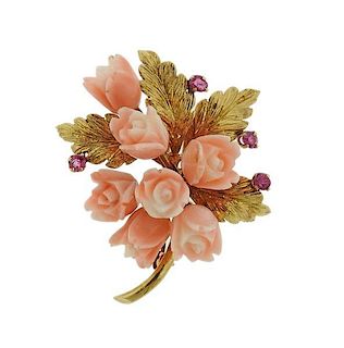 1960s Carved Coral 18k Gold Ruby Brooch