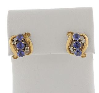 Retro 14k Gold Blue Stone Diamond Earrings