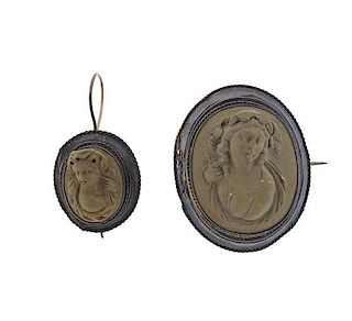 Antique Lava Cameo 14k Gold Silver Earring Brooch