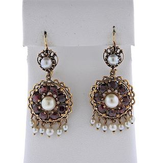 Antique 14k Gold Pearl Red Stone Drop Earrings