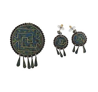 Taxco Mexican Sterling Earrings Brooch Pendant Set