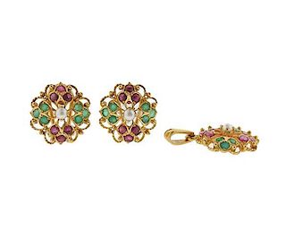 22k Gold Pearl Emerald Ruby Earrings Pendant Lot