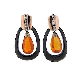 18k Gold Fire Opal Onyx Diamond Earrings
