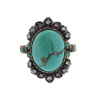 Antique 18K Gold Silver Diamond Turquoise Ring