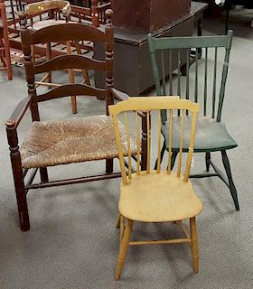 Three Chairs, an early turned armchair, a child's step-back Windsor, and a bamboo-turned Windsor, ht. to 40 in.